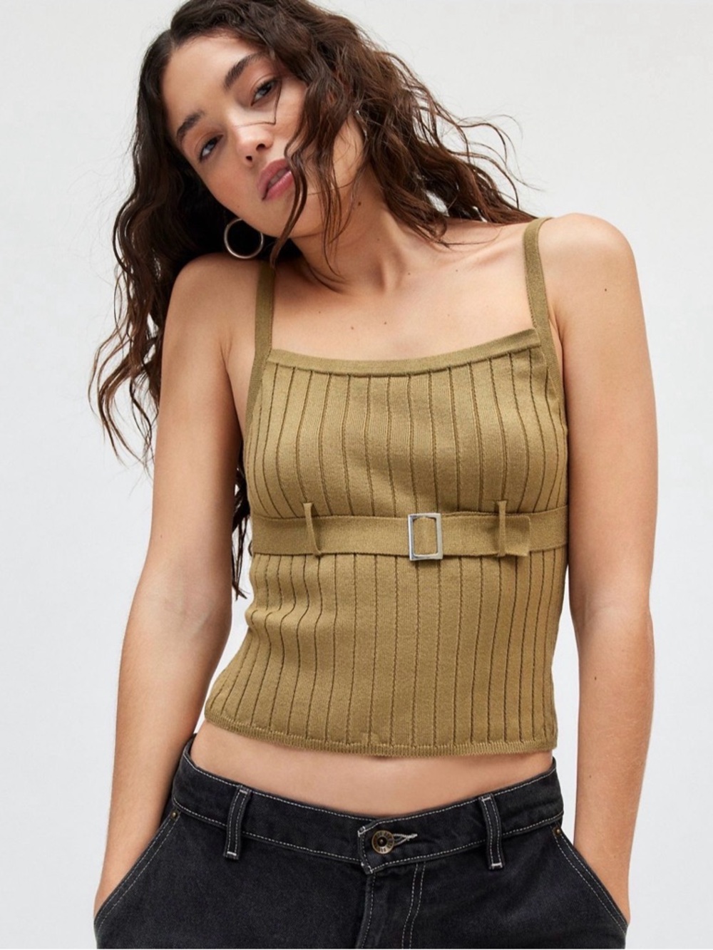 silence + noise Olive Ribbed Belted Cami Tank